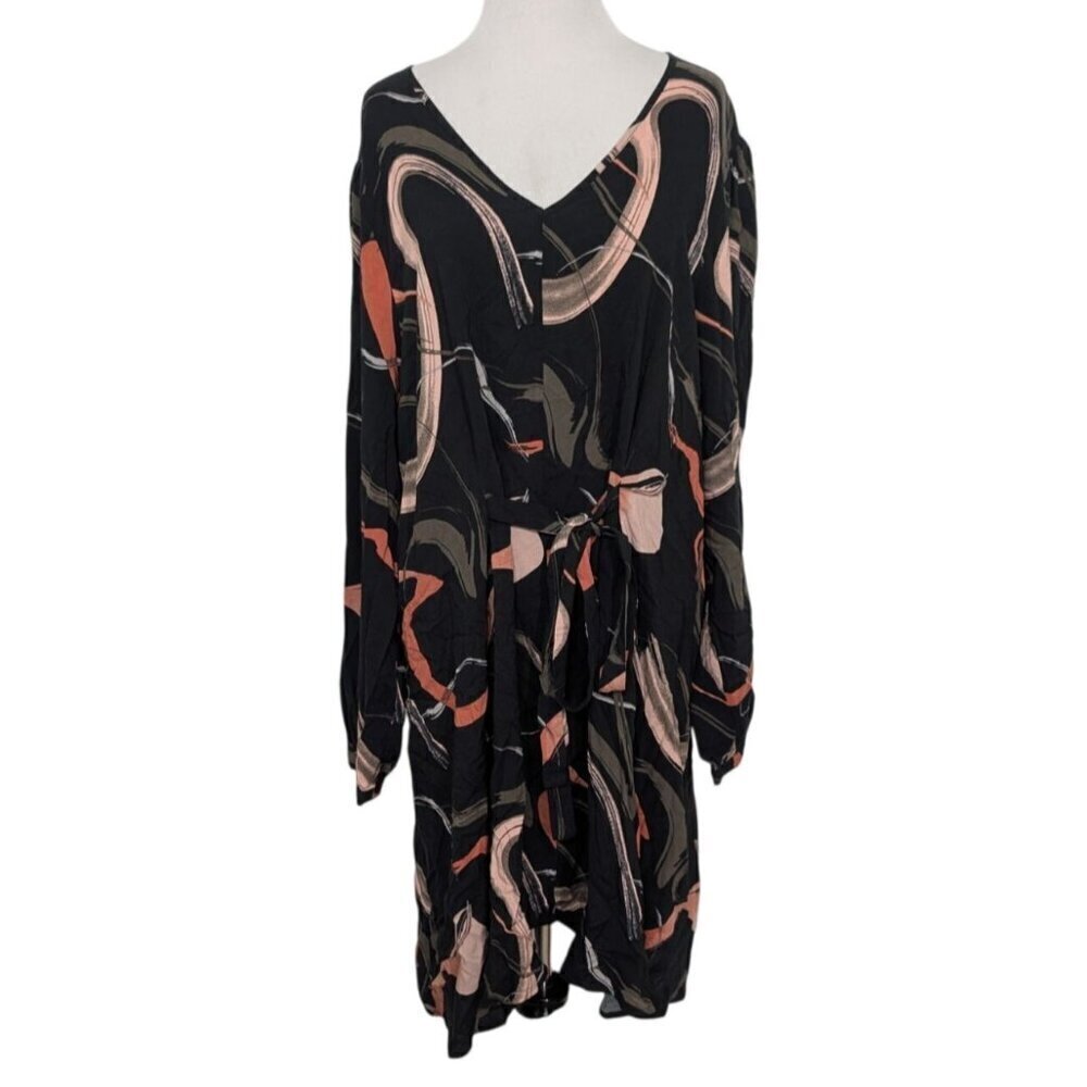 NEW Nine West Black Swirl Dress Womens Size XXL Artsy Belted Long Sleeve V Neck
